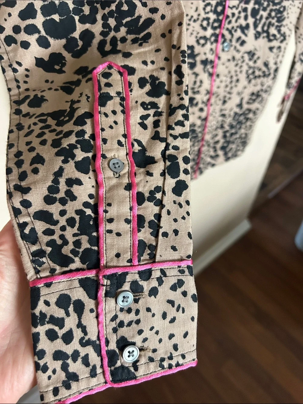 J. Crew Tan and Black Leopard Print Shirt with Pink Trim